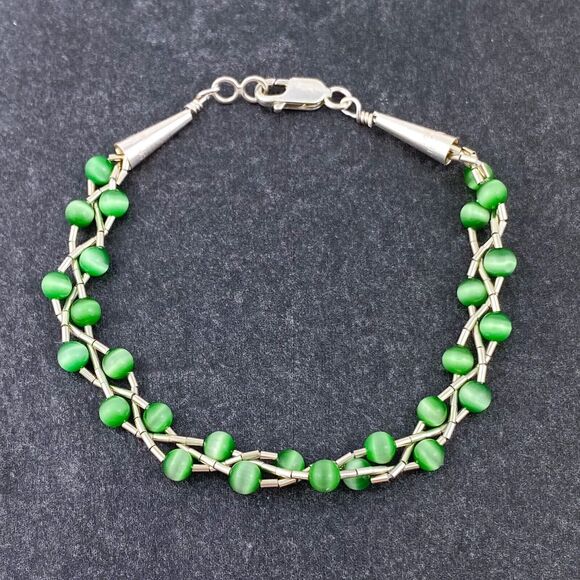 Green Cat’s Eye Double Strand Bead Bracelet | Cone Tip Sterling Silver |  7.25" - Picture 2 of 5